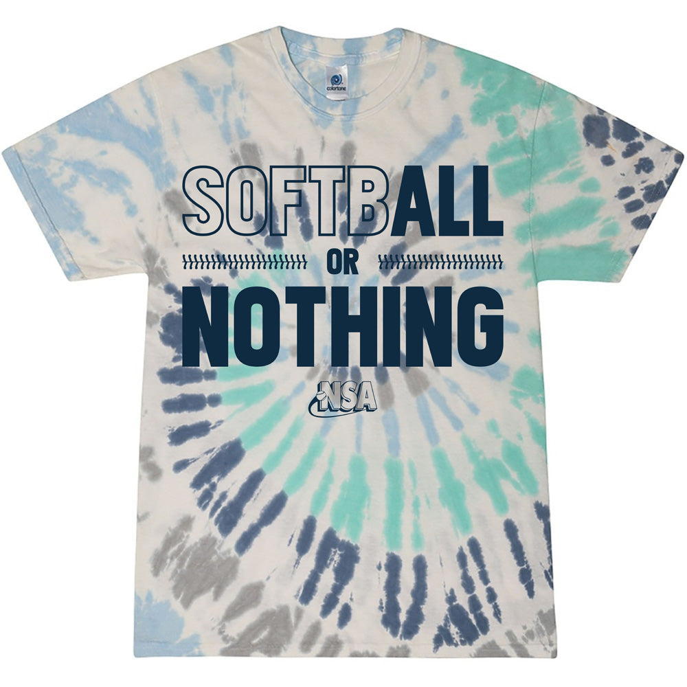 The NSA Softball or Nothing Short Sleeve Shirt by DSG Apparel features bold text, perfect for National Softball Association fans and anyone who loves stylish softball shirts.