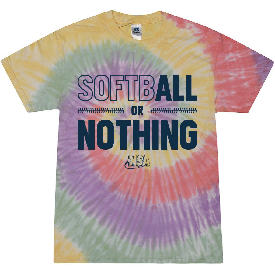 The DSG Apparel NSA Softball or Nothing Short Sleeve Shirt features yellow, green, purple, and pink tie-dye with "SOFTBALL OR NOTHING," softball stitching graphics, and the NSA logo—perfect for softball fans!.