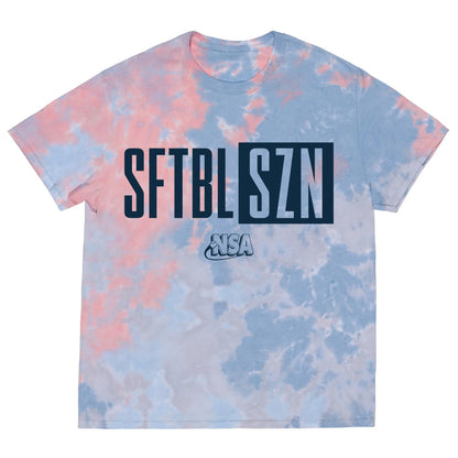 The NSA Softball Season Short Sleeve Shirt by DSG Apparel features bold text and a tie dye design, perfect for National Softball Association fans.