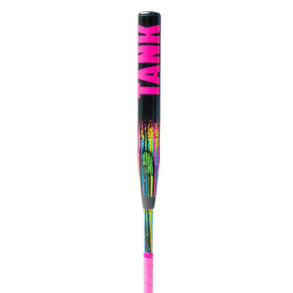 The 2026 Soldier Tank (-10) Fastpitch Softball Bat by Soldier Sports features a black design with bold pink "TANK" lettering, a colorful paint-splatter pattern near the handle, and bright pink grip tape for a light swing weight.