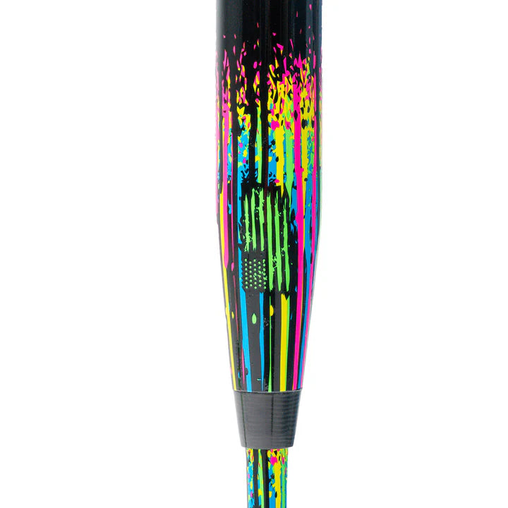 The 2026 Soldier Tank (-10) Fastpitch Softball Bat by Soldier Sports showcases a black base with neon pink, yellow, green, and blue splatter and drip designs, plus a light swing weight for quick, powerful hits.