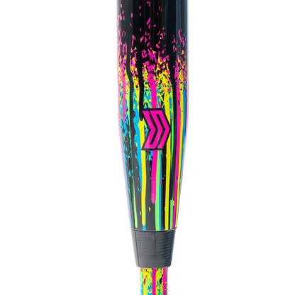 A close-up of the 2026 Soldier Tank (-10) Fastpitch Softball Bat by Soldier Sports shows its black handle with dripping neon paint in pink, yellow, blue, and green, plus a pink chevron logo near the base highlighting its light swing weight.