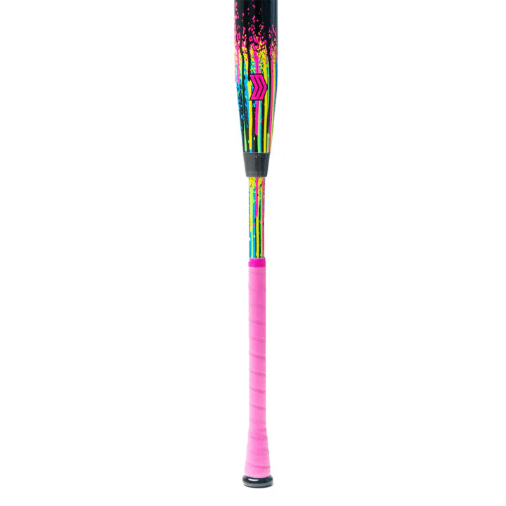 The Soldier Sports 2026 Soldier Tank (-10) Fastpitch Softball Bat (S-10-26-2) features a bright pink handle, black knob, neon pink/blue/yellow splatters, and is designed for light swing weight and swift trampoline technology performance.