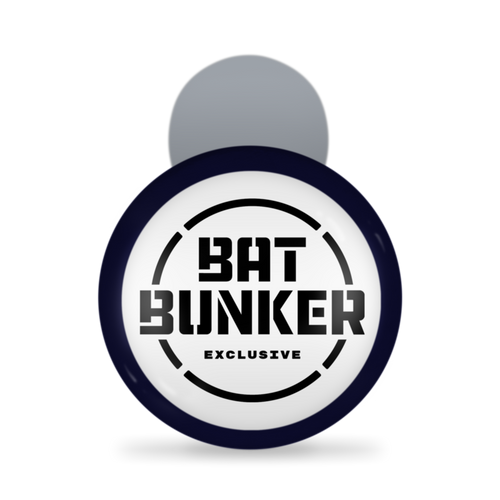 A round white Marucci sticker with a dark blue border and bold black BAT BUNKER text above EXCLUSIVE, centered in black rings—the ideal accent for your Marucci Detroit Tigers MLB Souvenir Bat (MMLBSMDET) collection.