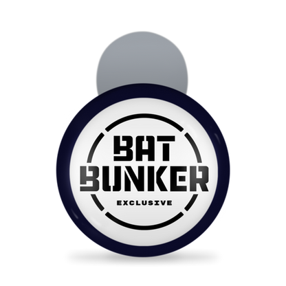 A round white Marucci sticker with a dark blue border and bold black BAT BUNKER text above EXCLUSIVE, centered in black rings—the ideal accent for your Marucci Detroit Tigers MLB Souvenir Bat (MMLBSMDET) collection.