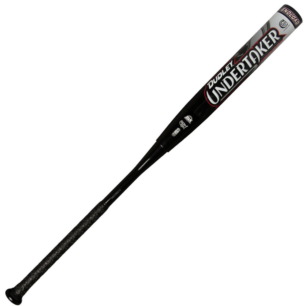 The 2025 Dudley Undertaker 12" Endloaded NSA USSSA Slowpitch Softball Bat (UNDERE) features a black and silver design, textured grip, bold lettering, and delivers power and performance for slowpitch play.