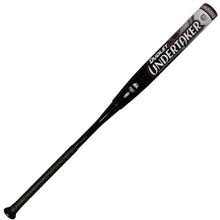 The 2025 Dudley Undertaker 12" Endloaded NSA USSSA Slowpitch Softball Bat (UNDERE) features a black and silver design, textured grip, bold lettering, and delivers power and performance for slowpitch play.