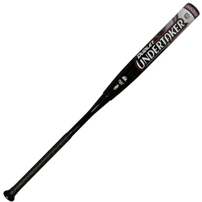 The 2025 Dudley Undertaker 12" Endloaded NSA USSSA Slowpitch Softball Bat (UNDERE) features a black and silver design, textured grip, bold lettering, and delivers power and performance for slowpitch play.