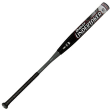 The 2025 Dudley Undertaker 12" Balanced NSA USSSA Slowpitch Softball Bat (UNDERB) features a black and gray design, large white "Undertaker" lettering on the barrel, a textured black grip, and is USSSA-approved.