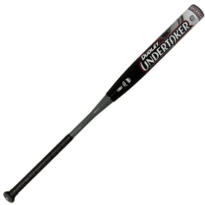 The 2025 Dudley Undertaker 12" Balanced NSA USSSA Slowpitch Softball Bat (UNDERB) features a black and gray design, large white "Undertaker" lettering on the barrel, a textured black grip, and is USSSA-approved.