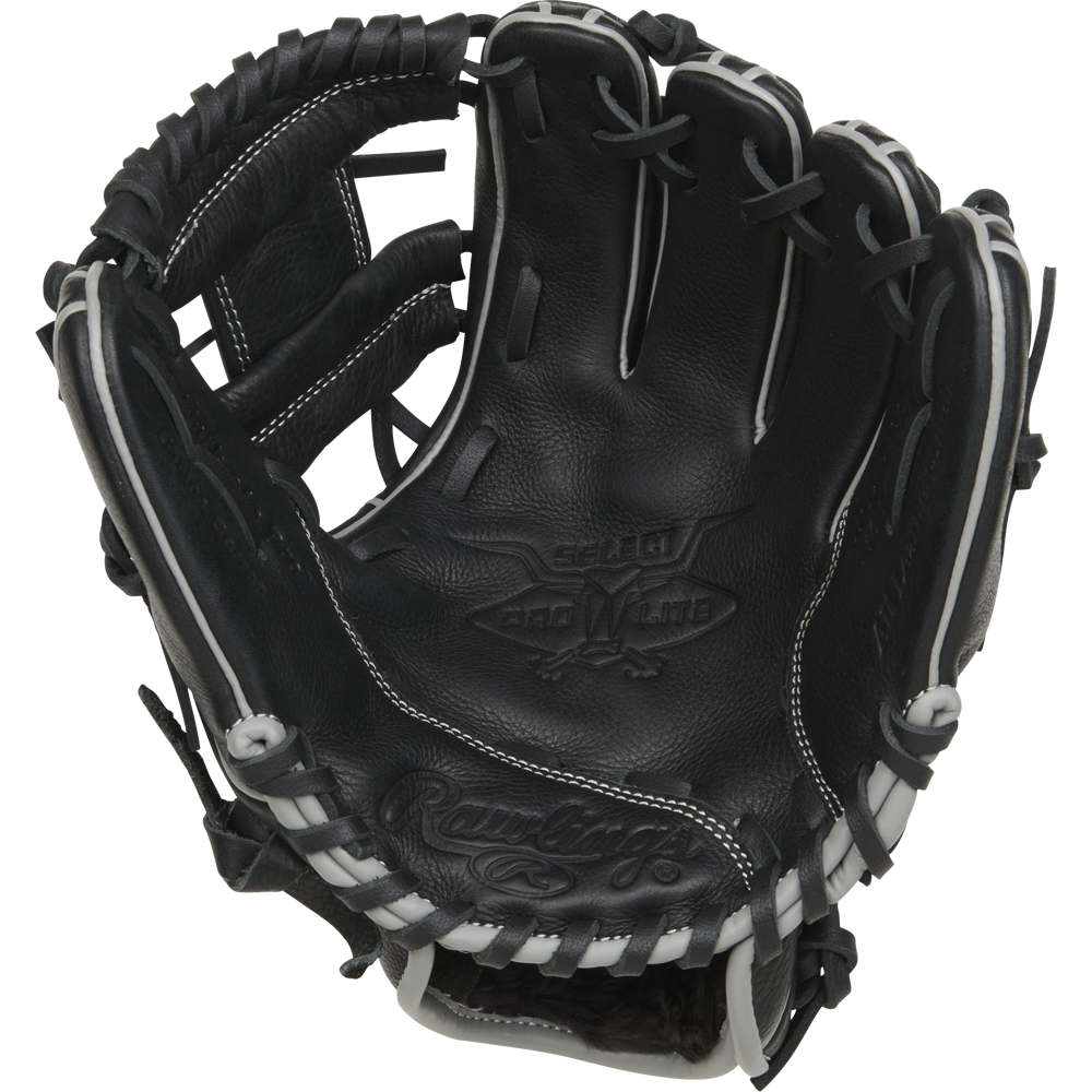 The Rawlings Select Pro Lite 10.5" RSPL105CC youth baseball glove, inspired by Carlos Correa, features a black design with white laces and prominent branding inside the palm and along the edge.