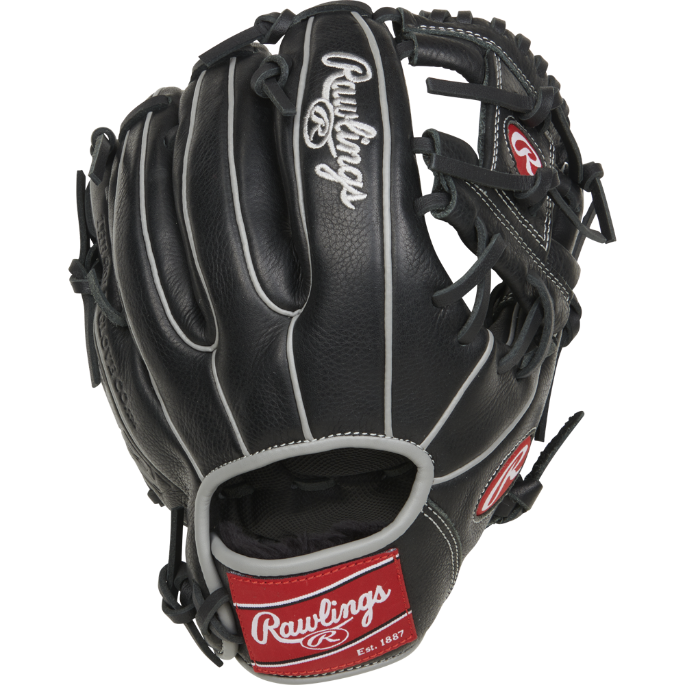 The Rawlings Select Pro Lite 10.5" Carlos Correa youth baseball glove (RSPL105CC) features black leather, white stitching, gray trim, and red Rawlings logos on the wrist strap and thumb, shown palm side forward.