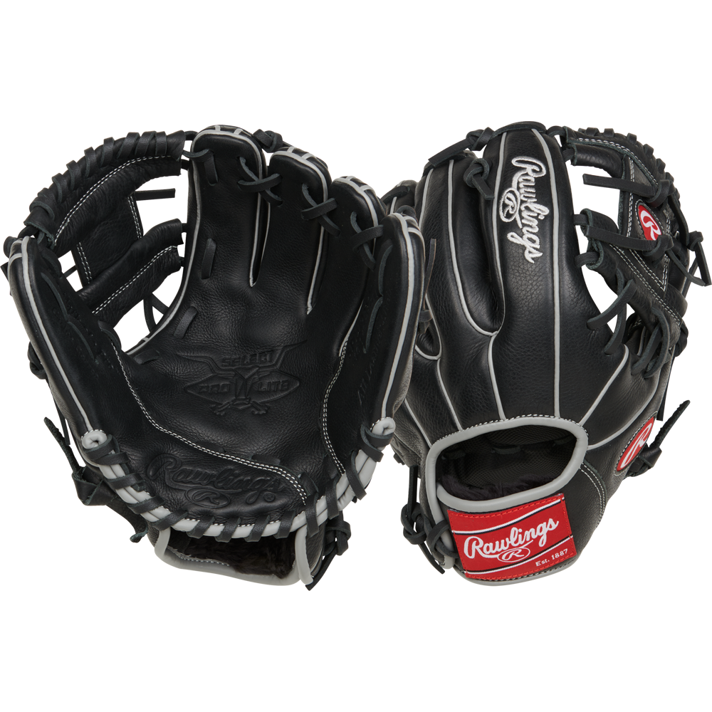 Two black Rawlings Select Pro Lite 10.5" Carlos Correa youth baseball gloves (RSPL105CC) with white laces and stitching, shown from palm and back; each displays the Rawlings logo in white and a red patch near the wrist.