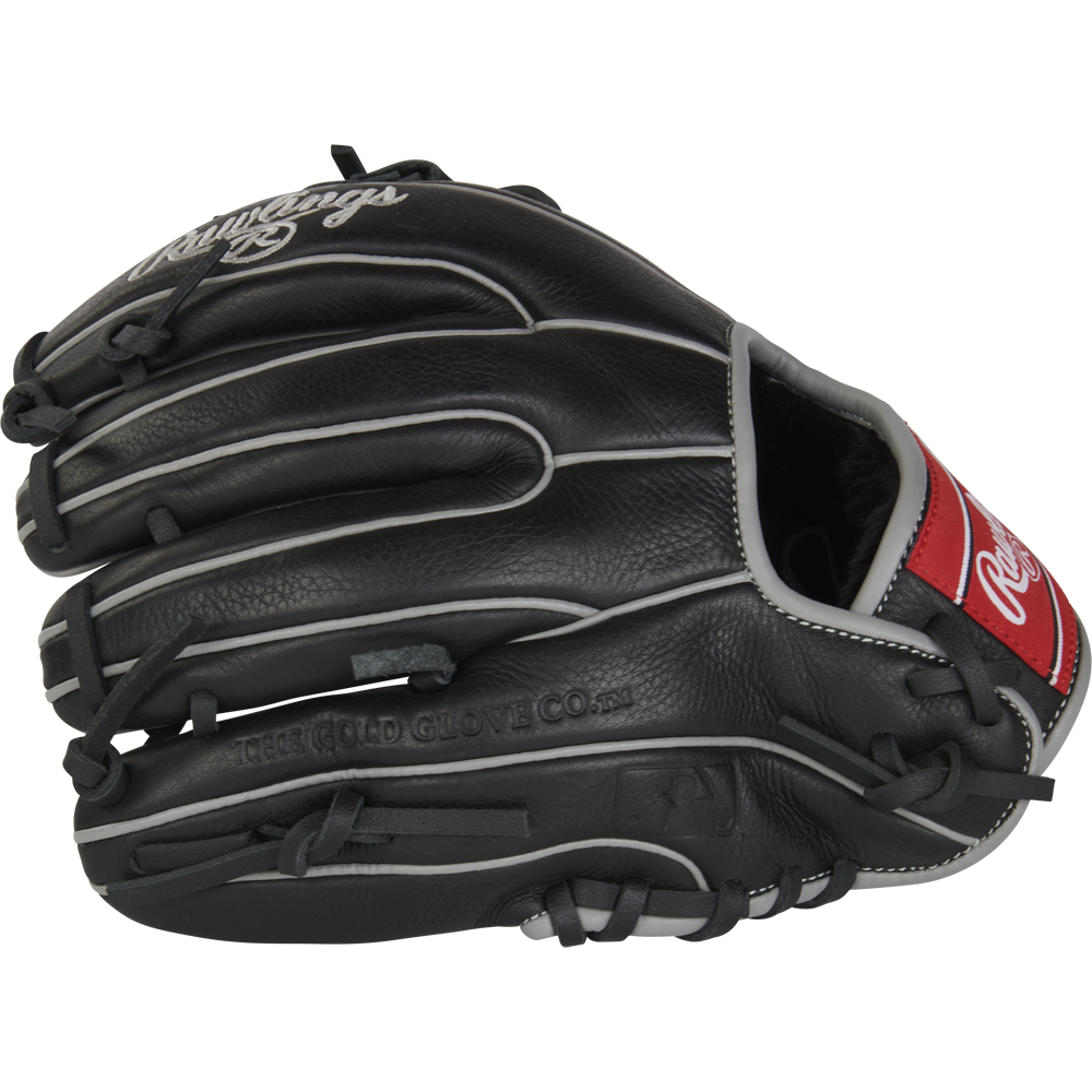 The Rawlings Select Pro Lite 10.5" Carlos Correa youth baseball glove (RSPL105CC) features black leather with white stitching and a red Rawlings logo patch near the wrist, shown from the side against a plain background.