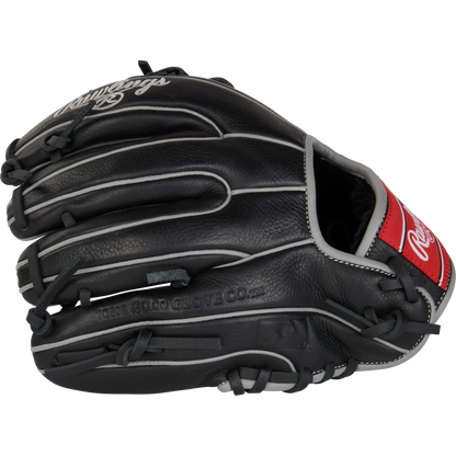 The Rawlings Select Pro Lite 10.5" Carlos Correa youth baseball glove (RSPL105CC) features black leather with white stitching and a red Rawlings logo patch near the wrist, shown from the side against a plain background.