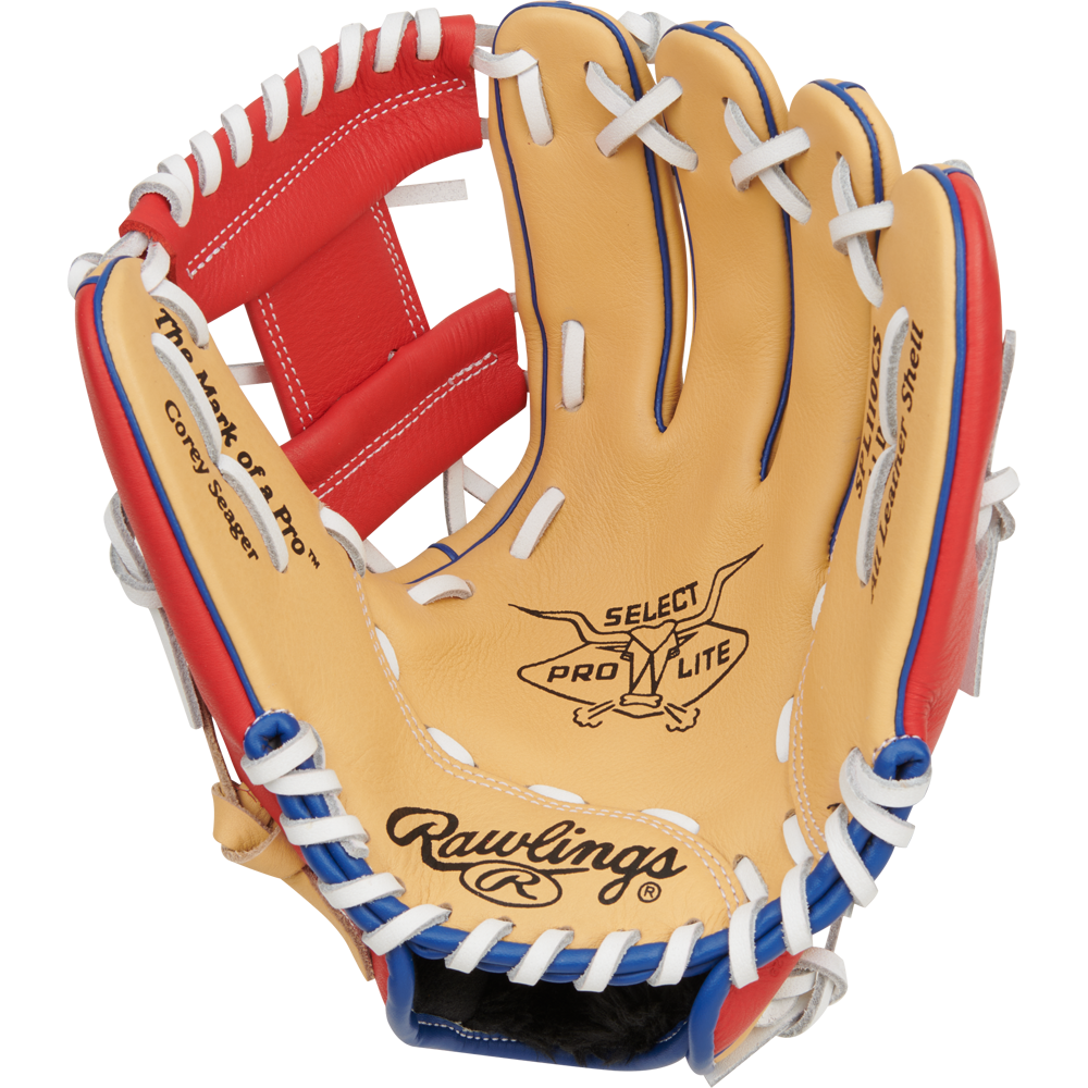 The Rawlings Select Pro Lite 11" Corey Seager Baseball Glove (SPL110CS) features white and red stitching, inspired by the youth glove from Rawlings’ popular series.