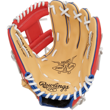 The Rawlings Select Pro Lite 11" Corey Seager Baseball Glove (SPL110CS) features white and red stitching, inspired by the youth glove from Rawlings’ popular series.