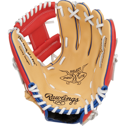 The Rawlings Select Pro Lite 11" Corey Seager Baseball Glove (SPL110CS) features white and red stitching, inspired by the youth glove from Rawlings’ popular series.