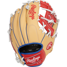 The Rawlings Select Pro Lite 11" Corey Seager Baseball Glove (SPL110CS) features a tan and red design with white laces, blue accents, and the Rawlings logo on the wrist strap and index finger.