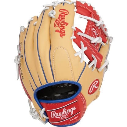 The Rawlings Select Pro Lite 11" Corey Seager Baseball Glove (SPL110CS) features a tan and red design with white laces, blue accents, and the Rawlings logo on the wrist strap and index finger.
