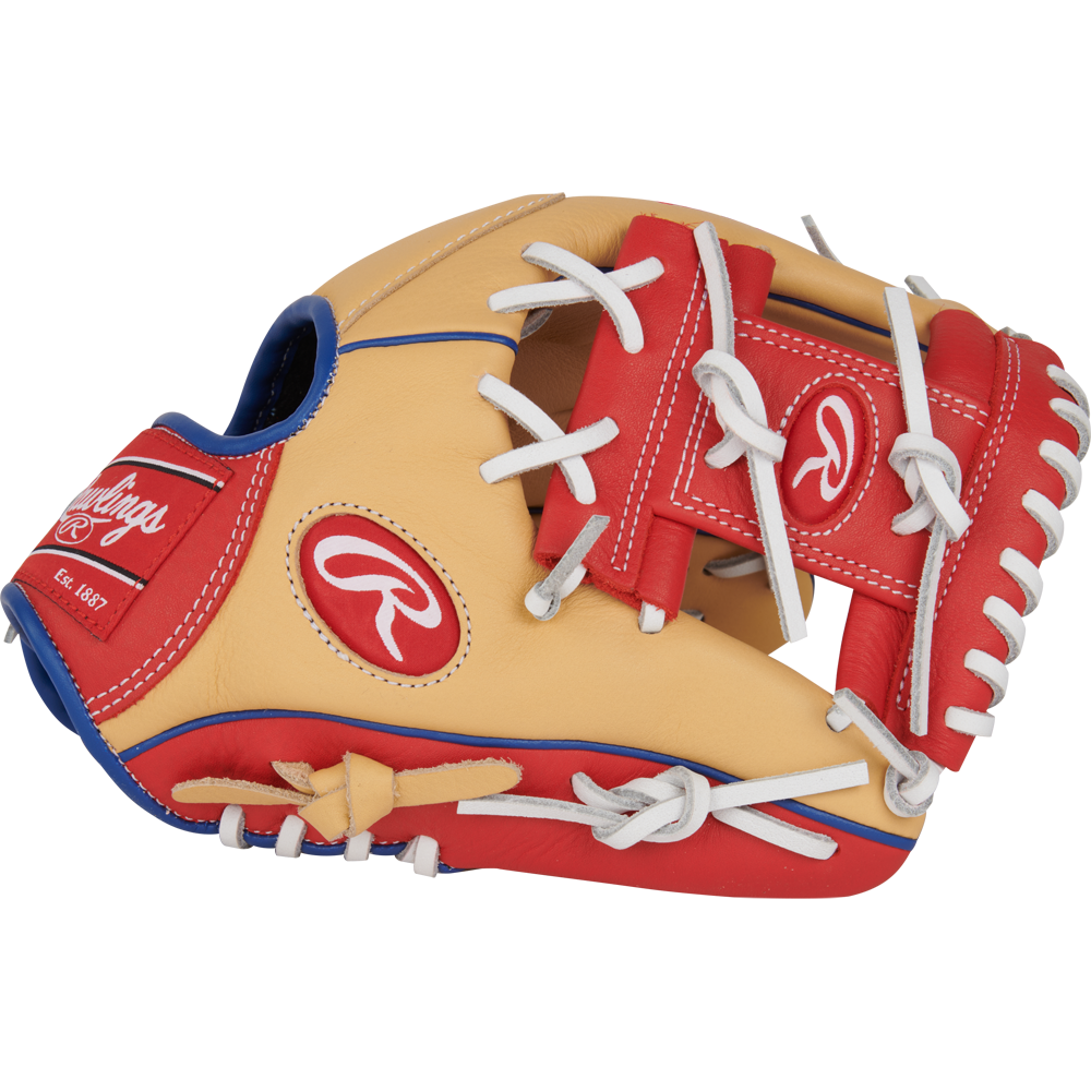 The Rawlings Select Pro Lite 11" Corey Seager Baseball Glove (SPL110CS) features a tan, red, and blue design with white laces, Rawlings branding, and detailed stitching.