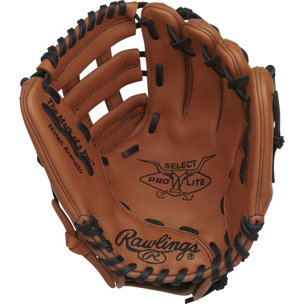 The Rawlings Select Pro Lite 11" Nolan Arenado Baseball Glove (RSPL110NA) is tan with black laces, features Nolan Arenado’s signature, Select Pro Lite branding, and the Rawlings logo on the palm, pictured on a white background.