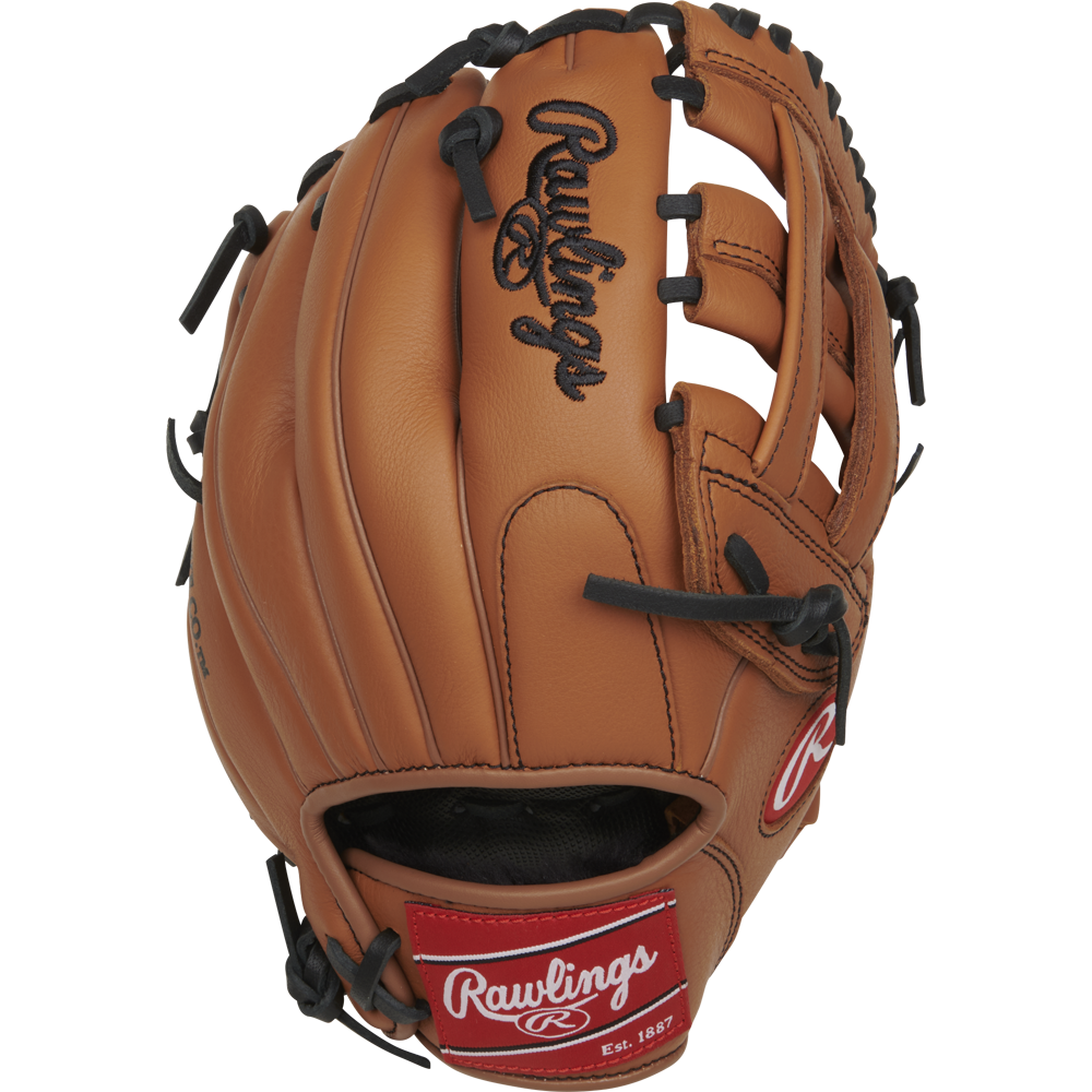 The Rawlings Select Pro Lite 11" Nolan Arenado Baseball Glove (RSPL110NA) features a tan design with black stitching and laces, a black Rawlings logo, and a red patch by the wrist, inspired by Nolan Arenado’s signature style.