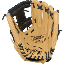 The Rawlings Select Pro Lite 11.25" Anthony Volpe Baseball Glove (SPL112AV) features tan and black leather, visible lacing, detailed stitching, and branded palm, shown open and designed for youth players.