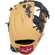 A tan and black Rawlings Select Pro Lite 11.25" Anthony Volpe youth glove (SPL112AV) with red and white logos, blue laces, and the Rawlings brand name embroidered in blue on the back.
