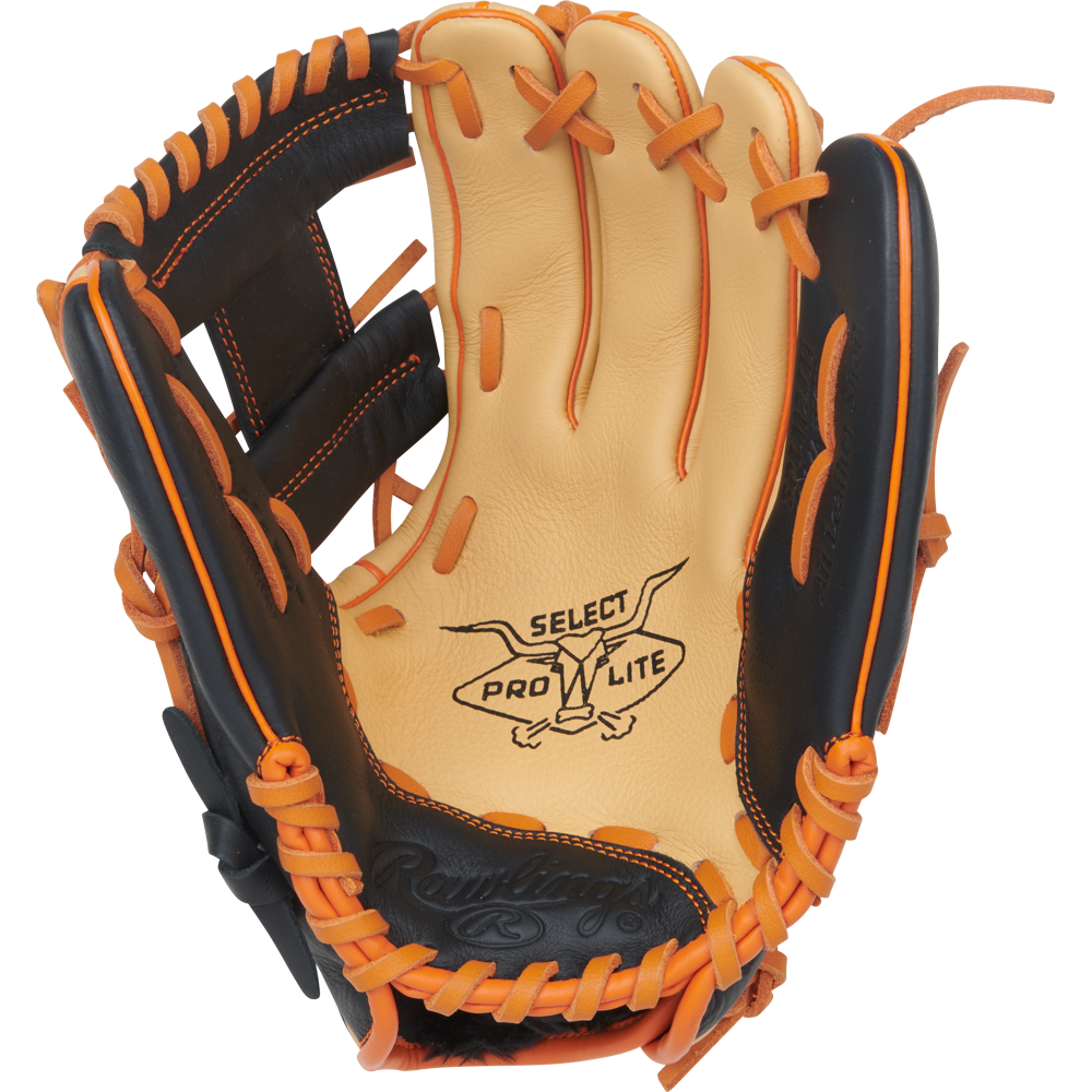 A tan and black Rawlings Select Pro Lite 11.25″ Jackson Holiday youth baseball glove with orange lacing, featuring Rawlings branding stamped on the palm.