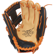 A tan and black Rawlings Select Pro Lite 11.25″ Jackson Holiday youth baseball glove with orange lacing, featuring Rawlings branding stamped on the palm.