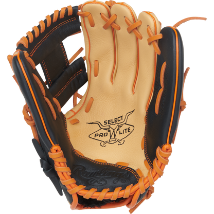 A tan and black Rawlings Select Pro Lite 11.25″ Jackson Holiday youth baseball glove with orange lacing, featuring Rawlings branding stamped on the palm.