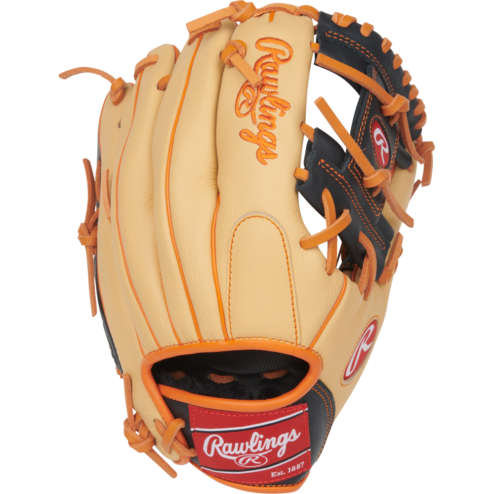 A Rawlings Select Pro Lite 11.25″ Jackson Holiday youth baseball glove (model SPL112JH), featuring a tan and black design with orange laces and red Rawlings logo patches on the thumb and wrist strap.