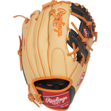 A Rawlings Select Pro Lite 11.25″ Jackson Holiday youth baseball glove (model SPL112JH), featuring a tan and black design with orange laces and red Rawlings logo patches on the thumb and wrist strap.