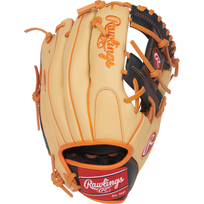 A Rawlings Select Pro Lite 11.25″ Jackson Holiday youth baseball glove (model SPL112JH), featuring a tan and black design with orange laces and red Rawlings logo patches on the thumb and wrist strap.