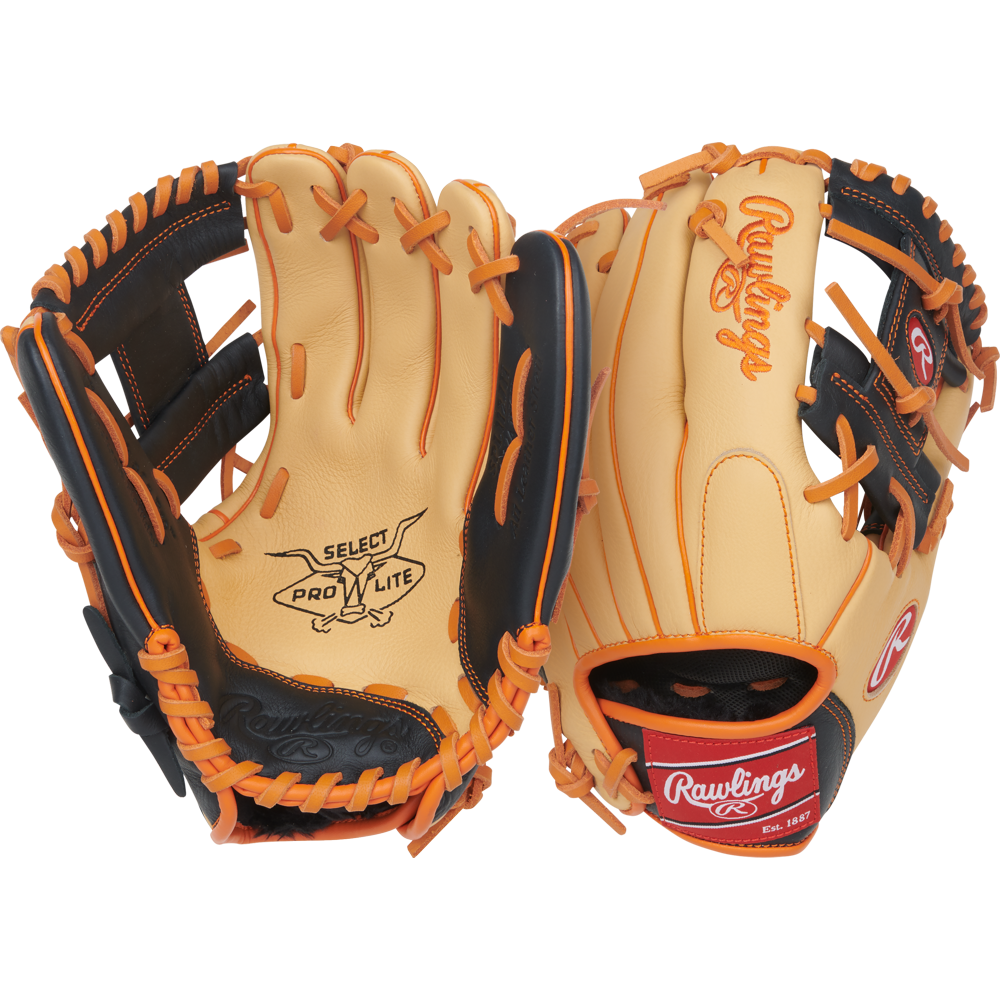 Two tan-and-black Rawlings Select Pro Lite 11.25″ Jackson Holiday Baseball Gloves (model SPL112JH) with orange laces are displayed, each featuring stitched Rawlings branding on the wrist and palm. Designed for youth players, these gloves deliver the signature comfort and performance of the Select Pro Lite series, making them ideal for young athletes improving their skills.