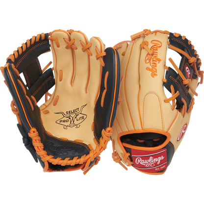 Two tan-and-black Rawlings Select Pro Lite 11.25″ Jackson Holiday Baseball Gloves (model SPL112JH) with orange laces are displayed, each featuring stitched Rawlings branding on the wrist and palm. Designed for youth players, these gloves deliver the signature comfort and performance of the Select Pro Lite series, making them ideal for young athletes improving their skills.