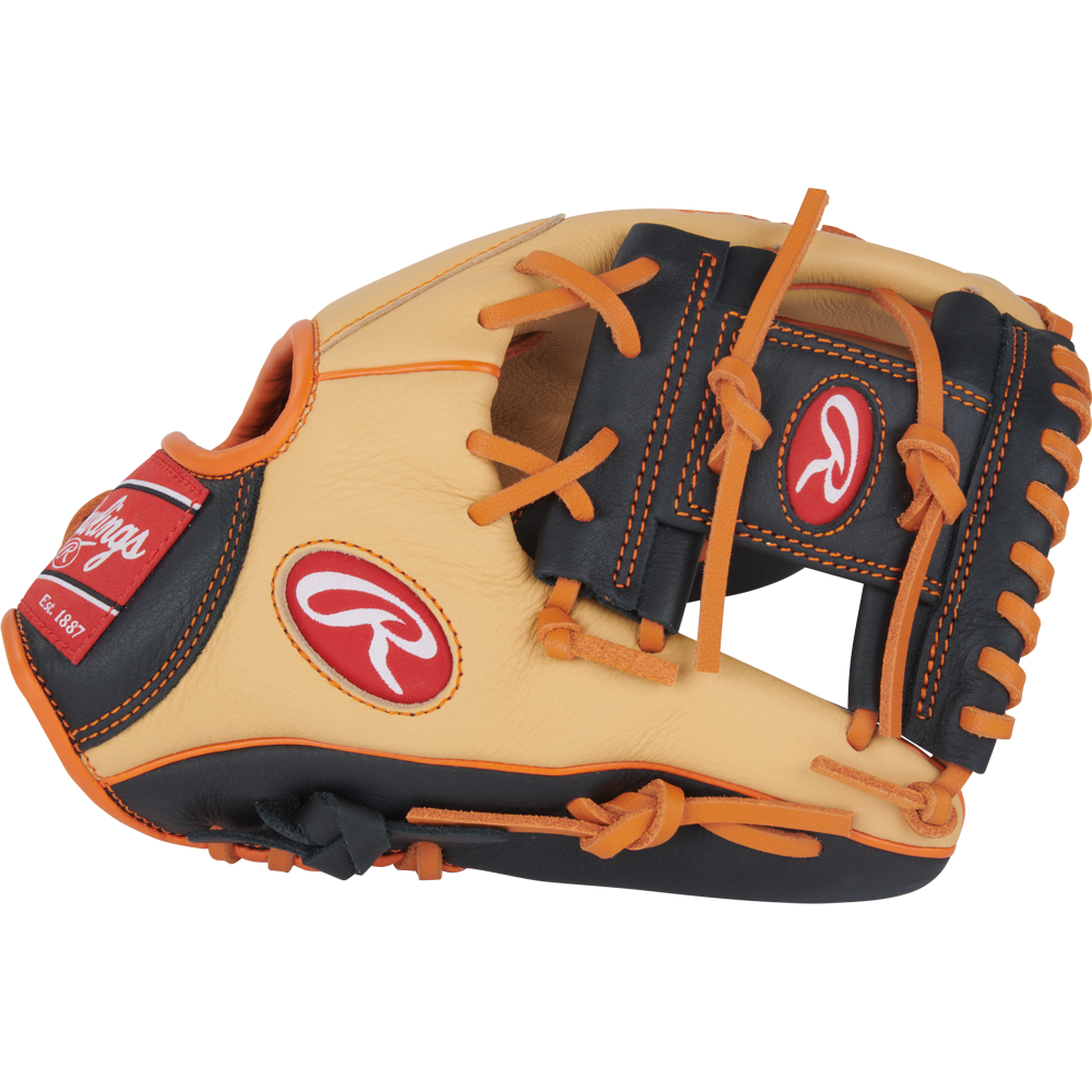 A Rawlings Select Pro Lite 11.25″ Jackson Holiday youth baseball glove (model SPL112JH), featuring a tan and black design with orange laces, prominent red and white Rawlings logos, and visible stitching, is displayed against a plain white background.