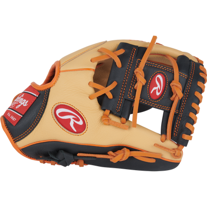 A Rawlings Select Pro Lite 11.25″ Jackson Holiday youth baseball glove (model SPL112JH), featuring a tan and black design with orange laces, prominent red and white Rawlings logos, and visible stitching, is displayed against a plain white background.