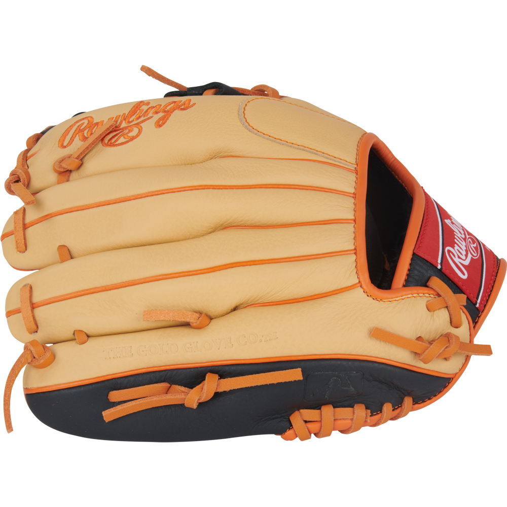 A Rawlings Select Pro Lite 11.25″ Jackson Holiday youth baseball glove (model SPL112JH) in tan and black with orange laces and a red Rawlings patch, pictured from the top with the fingers closed.