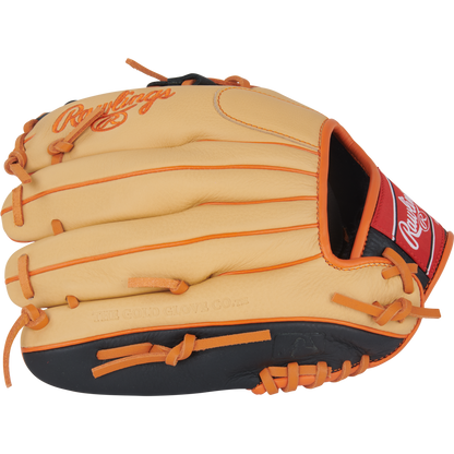 A Rawlings Select Pro Lite 11.25″ Jackson Holiday youth baseball glove (model SPL112JH) in tan and black with orange laces and a red Rawlings patch, pictured from the top with the fingers closed.