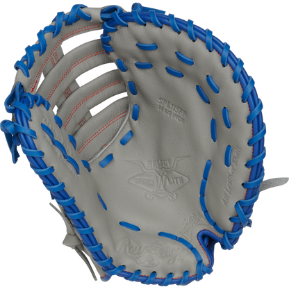 The Rawlings Select Pro Lite 11.5" Freddie Freeman First Base Mitt (SPL115FF) is a grey glove with blue lacing, red stitching, and embossed branding visible on the palm area. Glove is shown open to display the inside.