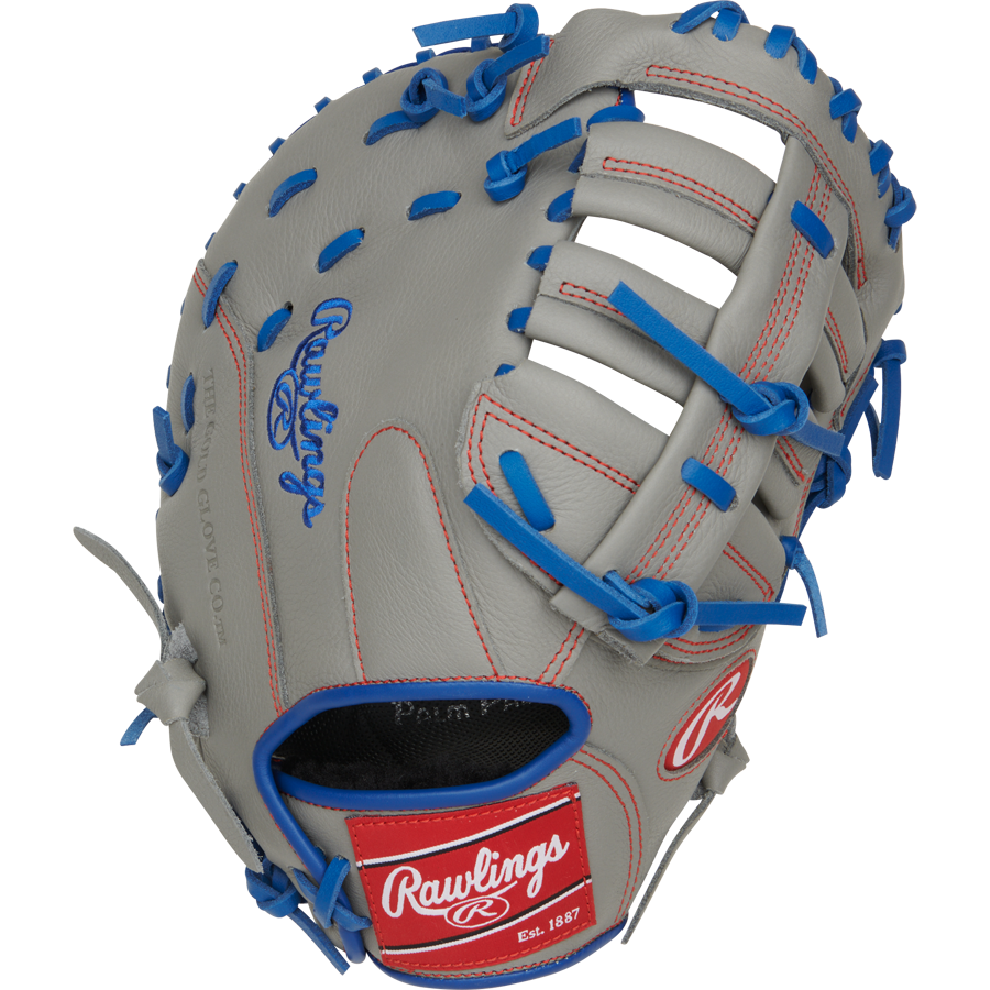 The Rawlings Select Pro Lite 11.5" Freddie Freeman First Base Mitt (SPL115FF) is a gray youth glove with blue laces, red stitching, and blue and red Rawlings logos. It features an open web design and visible finger slots.