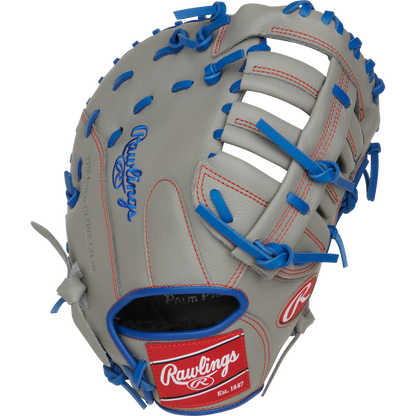 The Rawlings Select Pro Lite 11.5" Freddie Freeman First Base Mitt (SPL115FF) is a gray youth glove with blue laces, red stitching, and blue and red Rawlings logos. It features an open web design and visible finger slots.