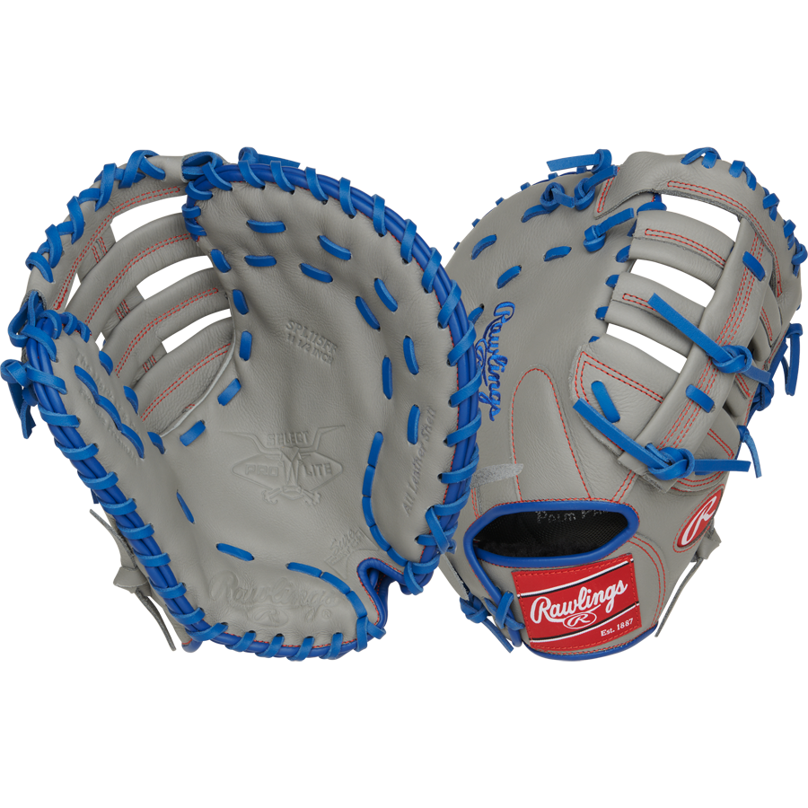 Two Rawlings Select Pro Lite 11.5" Freddie Freeman First Base Mitts with blue laces, red stitching, and gray color are shown open to display front and back, each featuring the Rawlings logo on the wrist strap.