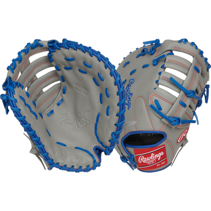 Two Rawlings Select Pro Lite 11.5" Freddie Freeman First Base Mitts with blue laces, red stitching, and gray color are shown open to display front and back, each featuring the Rawlings logo on the wrist strap.