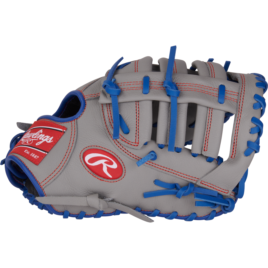 The Rawlings Select Pro Lite 11.5" Freddie Freeman Baseball First Base Mitt (SPL115FF) is a gray glove with blue laces, red accents, and the Rawlings logo near the thumb and on the palm side.