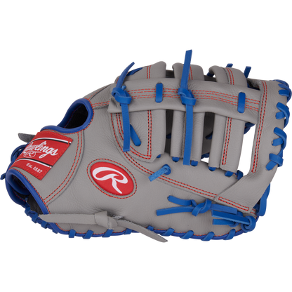 The Rawlings Select Pro Lite 11.5" Freddie Freeman Baseball First Base Mitt (SPL115FF) is a gray glove with blue laces, red accents, and the Rawlings logo near the thumb and on the palm side.