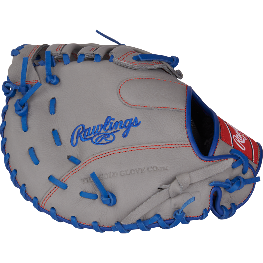 A gray Rawlings Select Pro Lite 11.5" Freddie Freeman First Base Mitt (SPL115FF) with blue laces, red stitching, the Rawlings logo, and The Gold Glove Co. text—styled after Freddie Freeman’s glove.