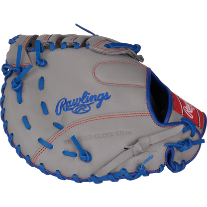 A gray Rawlings Select Pro Lite 11.5" Freddie Freeman First Base Mitt (SPL115FF) with blue laces, red stitching, the Rawlings logo, and The Gold Glove Co. text—styled after Freddie Freeman’s glove.